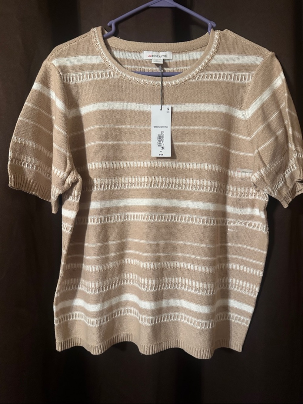 Liz Claiborne Tan and White Striped Short-Sleeve Knit Top